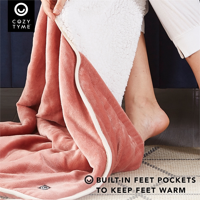 Mekhi Sherpa Polyester Throw Blanket with Feet Pocket Blush Pink 28