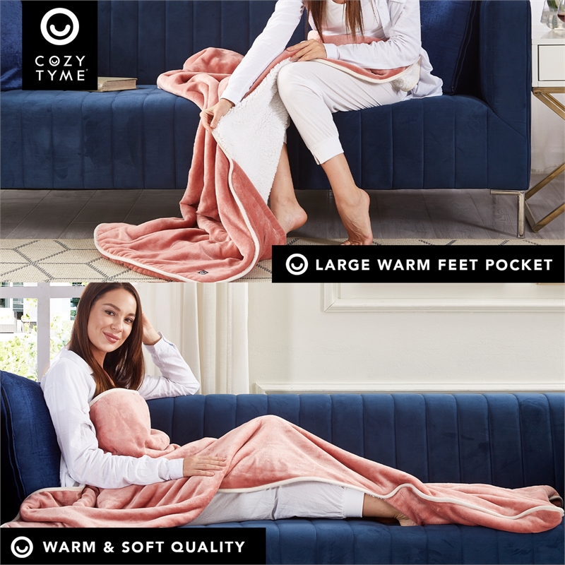 Mekhi Sherpa Polyester Throw Blanket with Feet Pocket Blush Pink 28