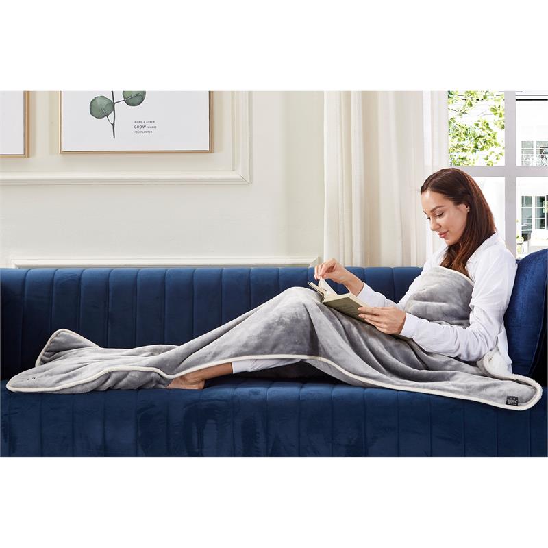 Mekhi Sherpa Polyester Throw Blanket with Feet Pocket Light Gray 28