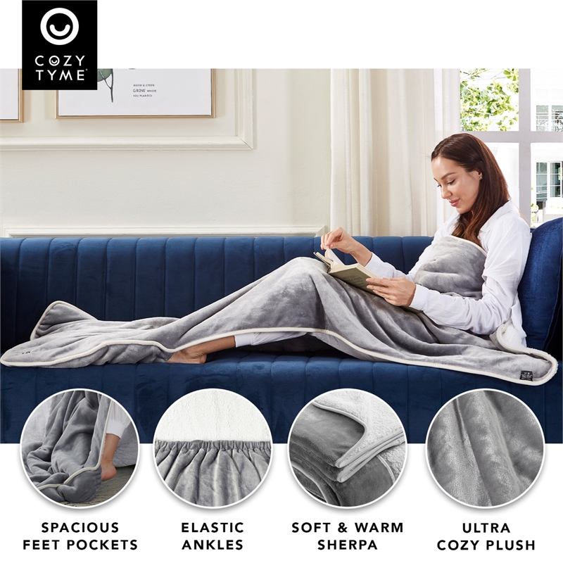 Mekhi Sherpa Polyester Throw Blanket with Feet Pocket Light Gray 28