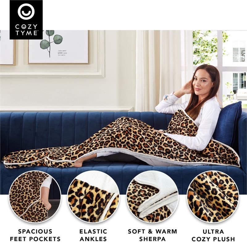 Mekhi Sherpa Polyester Throw Blanket with Feet Pocket Leopard 28