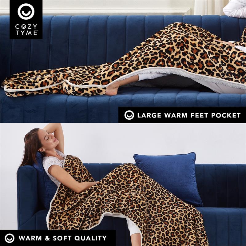 Mekhi Sherpa Polyester Throw Blanket with Feet Pocket Leopard 28