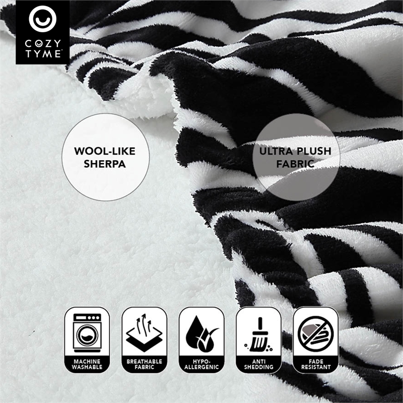 Milana Sherpa Polyester Extra Soft Throw Blanket with Hoodie Zebra 50