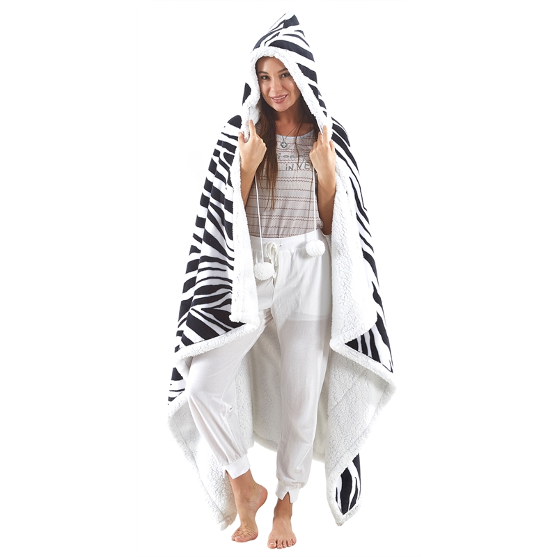 Milana Sherpa Polyester Extra Soft Throw Blanket with Hoodie Zebra 50