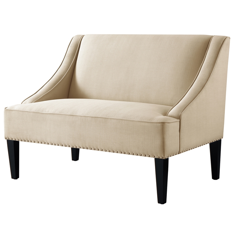 Clare Rectangular Bench Beige Linen Upholstered Swoop Arm Nailhead Trim