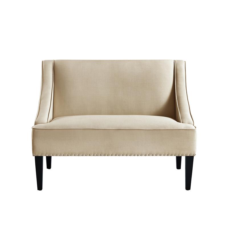 Clare Rectangular Bench Beige Linen Upholstered Swoop Arm Nailhead Trim