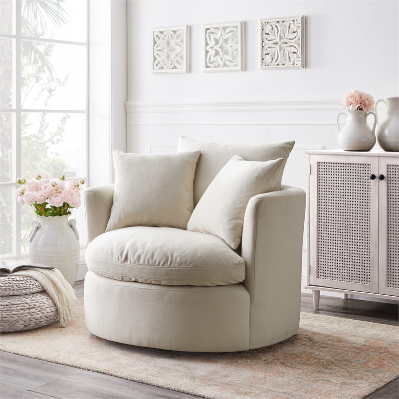 Kaelynn Accent Chair White Linen Upholstered 1 Back Pillow and 2 Toss Pillows