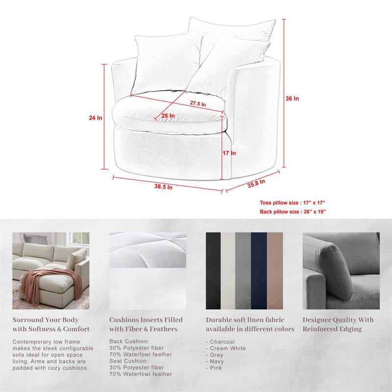 Kaelynn Accent Chair White Linen Upholstered 1 Back Pillow and 2 Toss Pillows