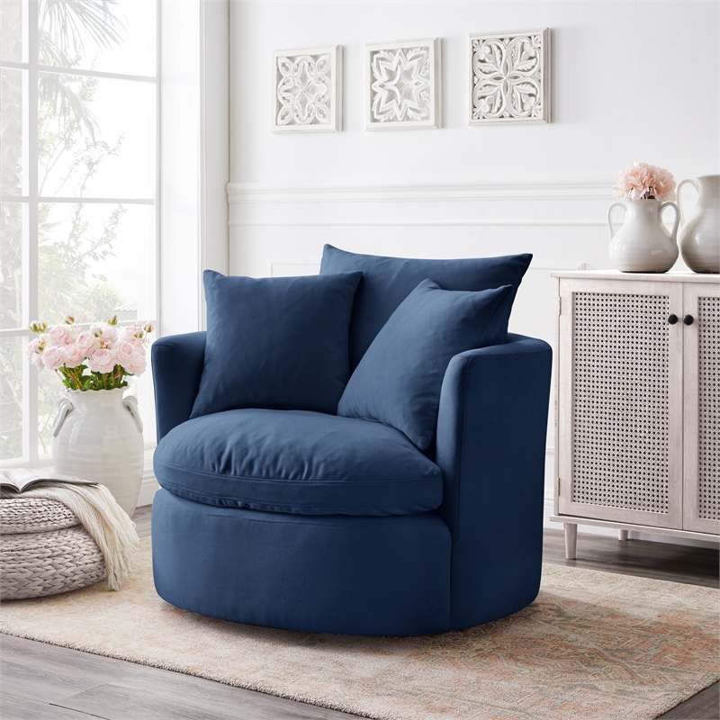 Kaelynn Accent Chair Navy Linen Upholstered 1 Back Pillow and 2 Toss Pillows