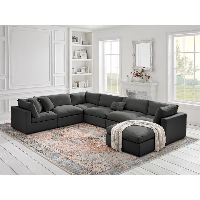 Kaelynn Ottoman Charcoal Gray Linen Upholstered