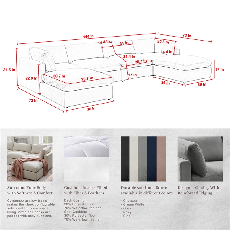 Kaelynn Sofa Cream White Linen Upholstered 4 Seat and 2 Ottoman