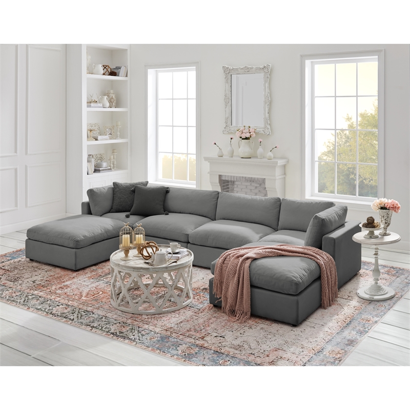 Kaelynn Sofa Gray Linen Upholstered 4 Seat and 2 Ottoman