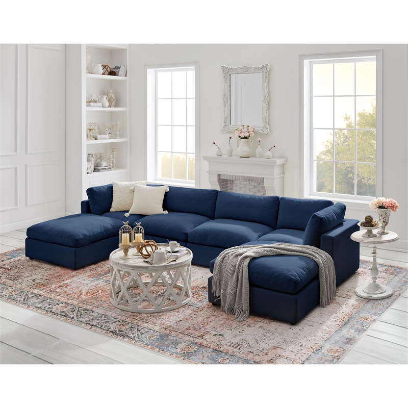 Kaelynn Sofa Navy Linen Upholstered 4 Seat and 2 Ottoman