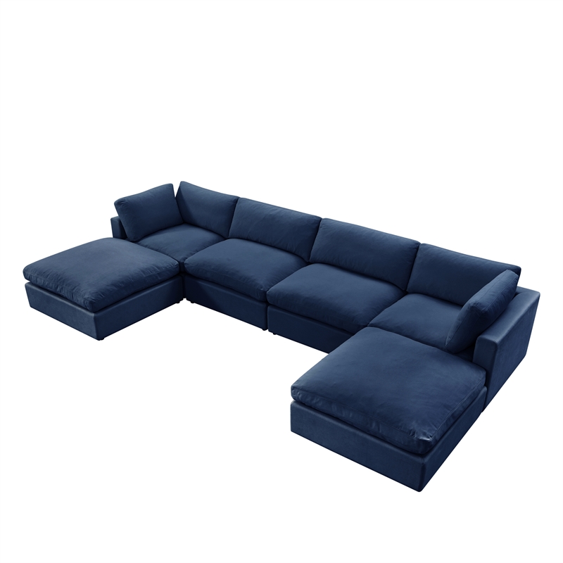 Kaelynn Sofa Navy Linen Upholstered 4 Seat and 2 Ottoman