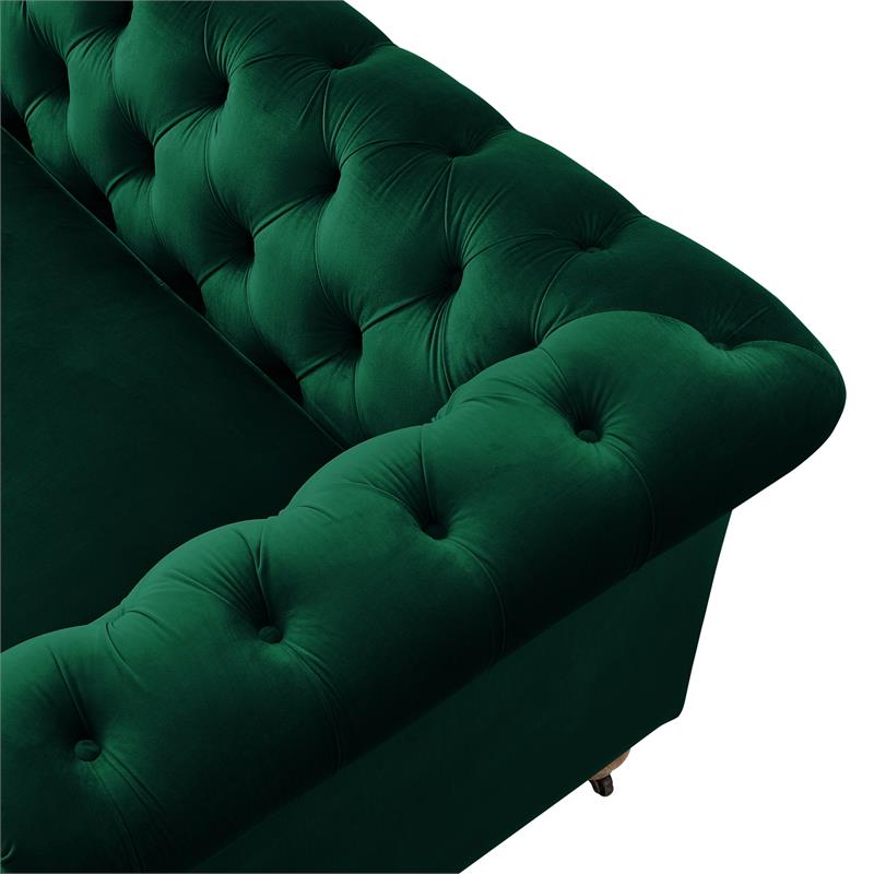 Londynn Sofa Hunter Green Velvet 93L x 33.5W x 30.3H Button Tufted Rolled Arm