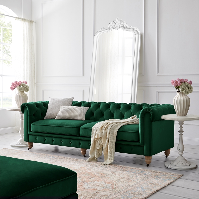 Londynn Sofa Hunter Green Velvet 93L x 33.5W x 30.3H Button Tufted Rolled Arm