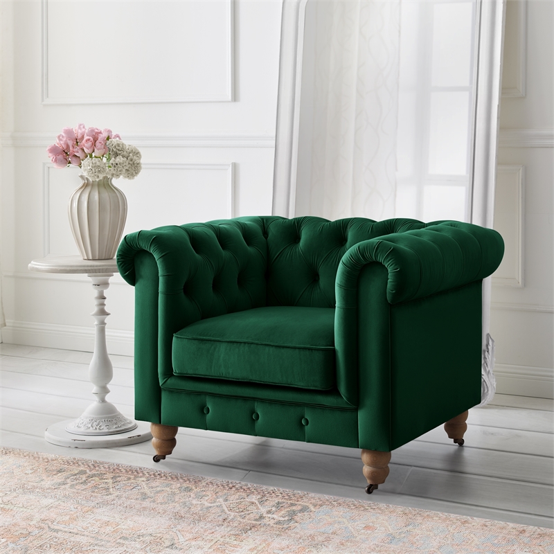 Londynn Club Chair Green Velvet 42L x 33.5W x 30.3H Button Tufted Rolled Arm