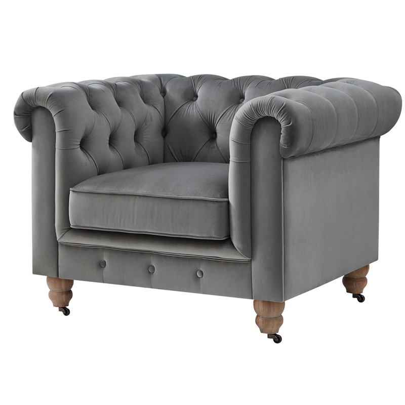 Londynn Club Chair Dark Gray Velvet 42L x 33.5W x 30.3H Button Tufted Rolled Arm