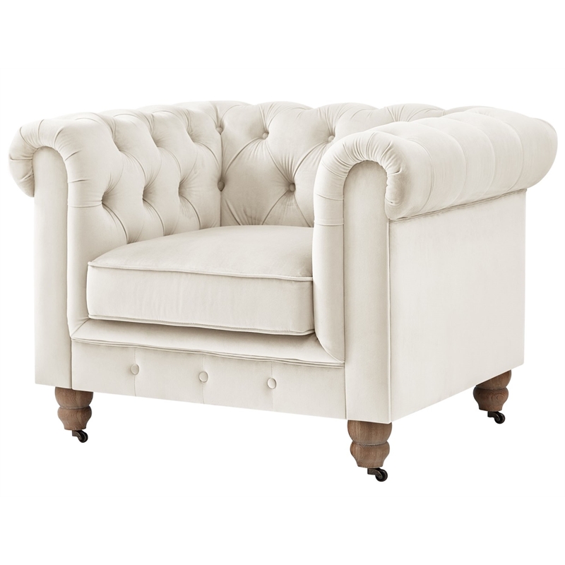 Londynn Club Chair Beige Velvet 42L x 33.5W x 30.3H Button Tufted Rolled Arm