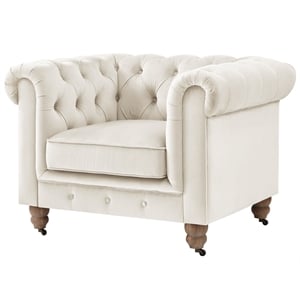 Londynn Club Chair Beige Velvet 42L x 33.5W x 30.3H Button Tufted Rolled Arm