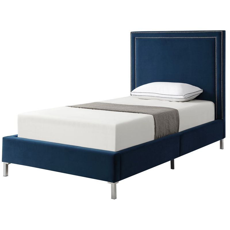 Tristan Beds Navy Velvet Twin Nailhead Trim