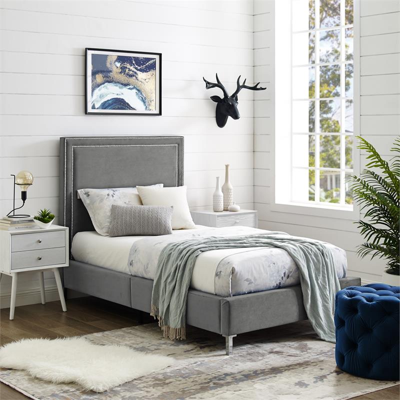 Tristan Beds Gray Velvet Twin Nailhead Trim
