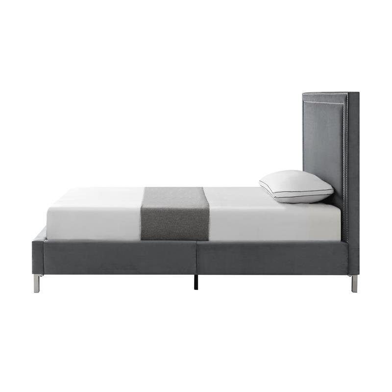 Tristan Beds Gray Velvet Twin Nailhead Trim