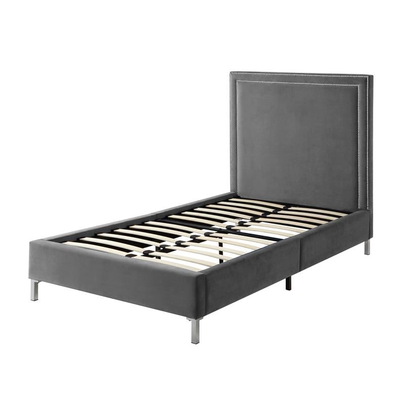 Tristan Beds Gray Velvet Twin Nailhead Trim