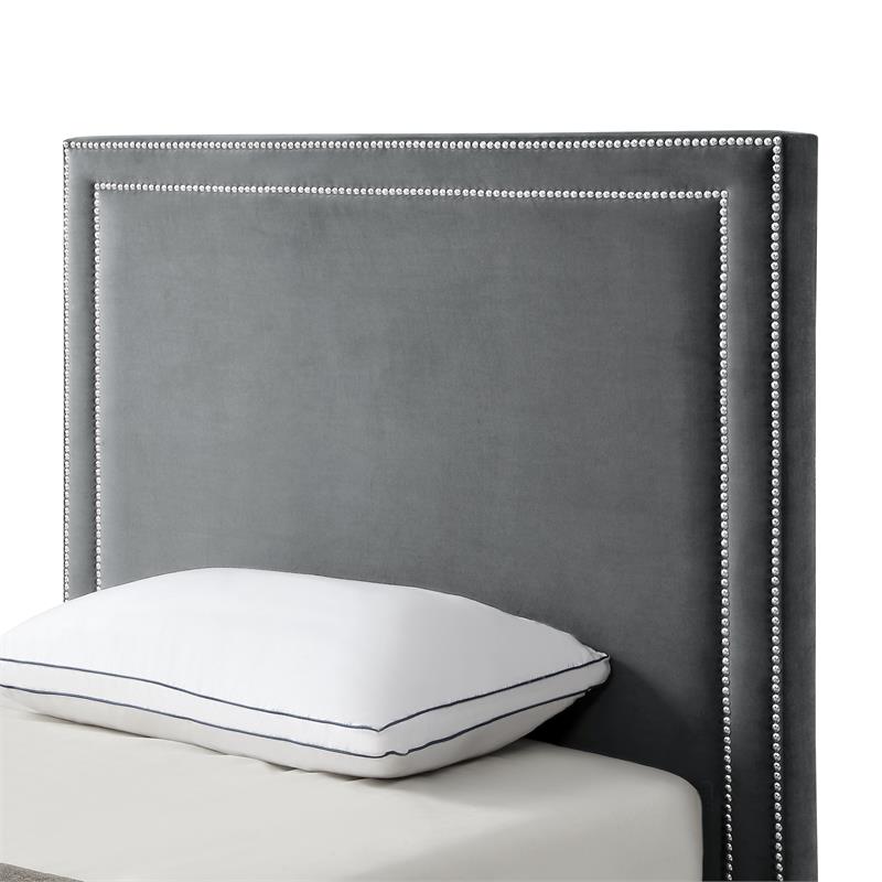 Tristan Beds Gray Velvet Twin Nailhead Trim