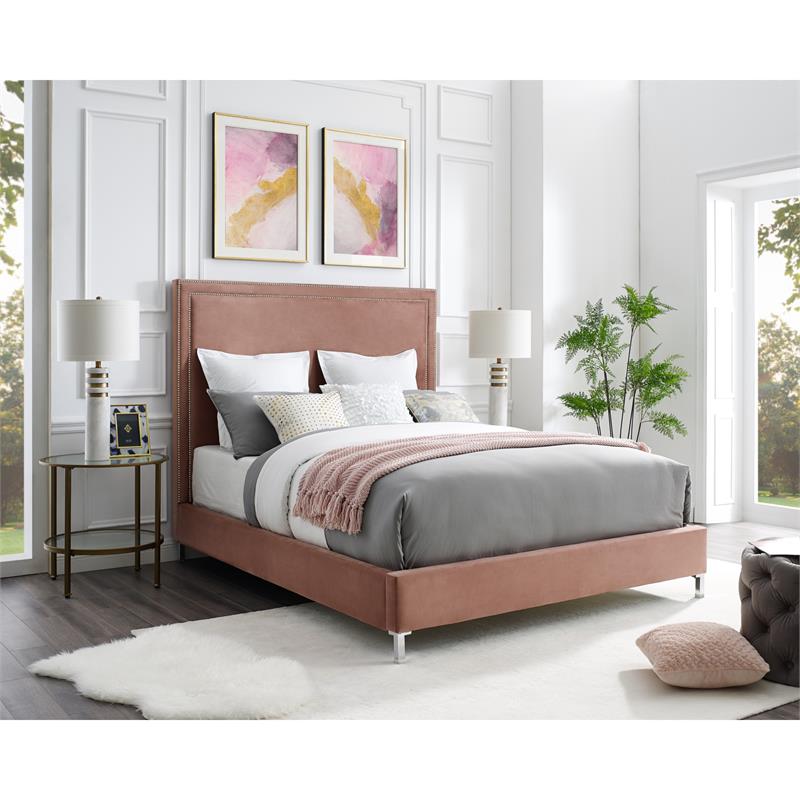 Tristan Beds Blush Pink Velvet Queen Nailhead Trim