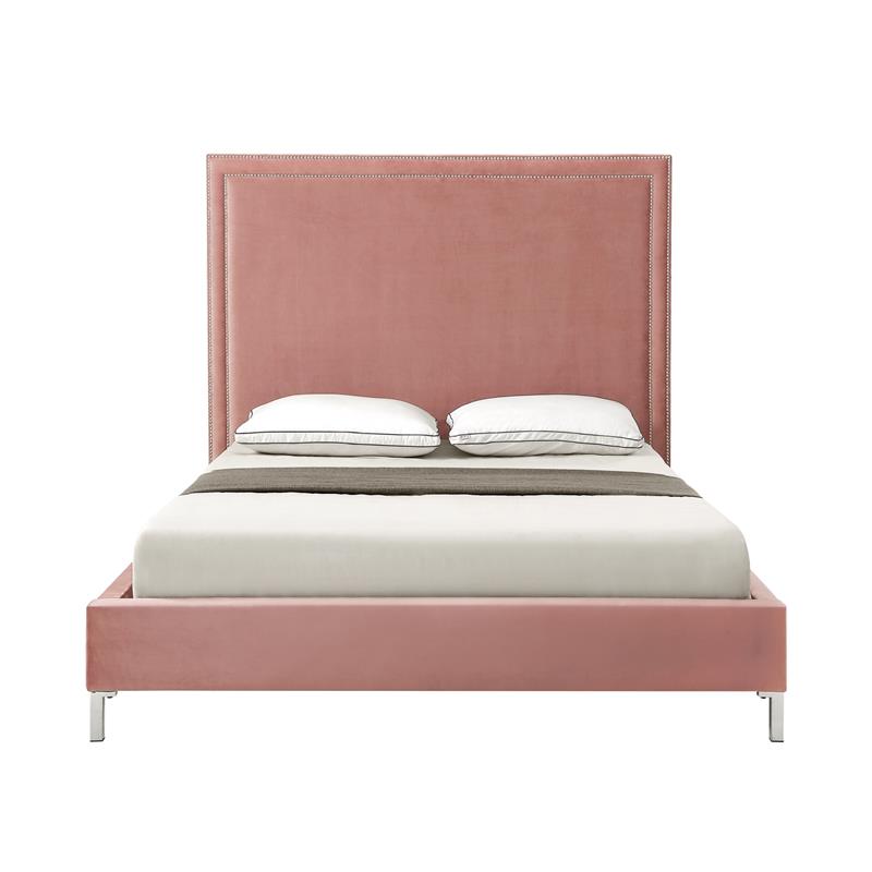 Tristan Beds Blush Pink Velvet Queen Nailhead Trim