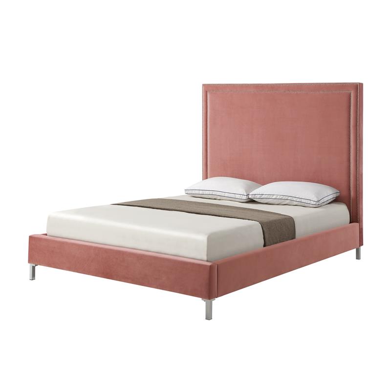 Tristan Beds Blush Pink Velvet Queen Nailhead Trim