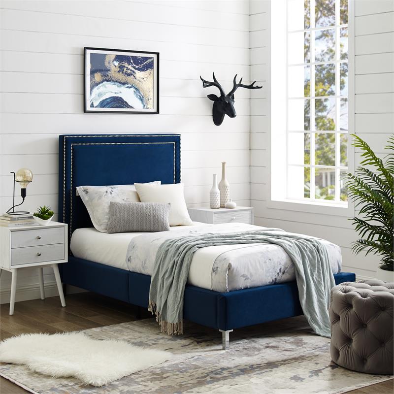 Tristan Beds Navy Velvet Full Nailhead Trim