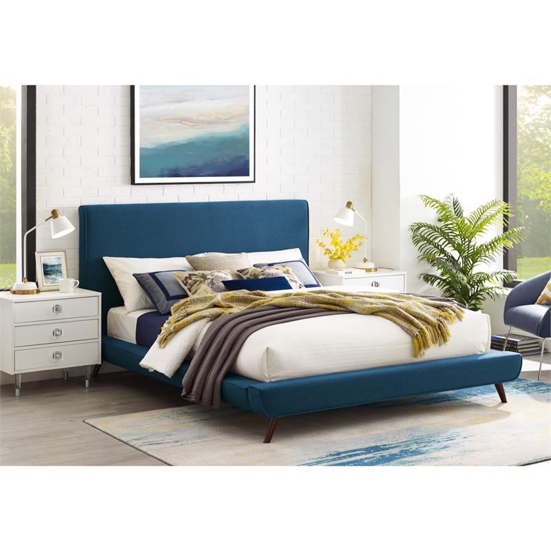 Lyle Beds Denim Linen King Upholstered Walnut Tapered Legs