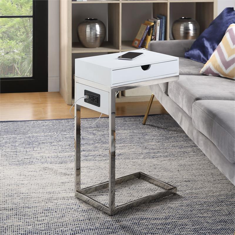 Phoenix End Tables White And Chrome 2 USB Charging Ports 2 Outlets Power Plug