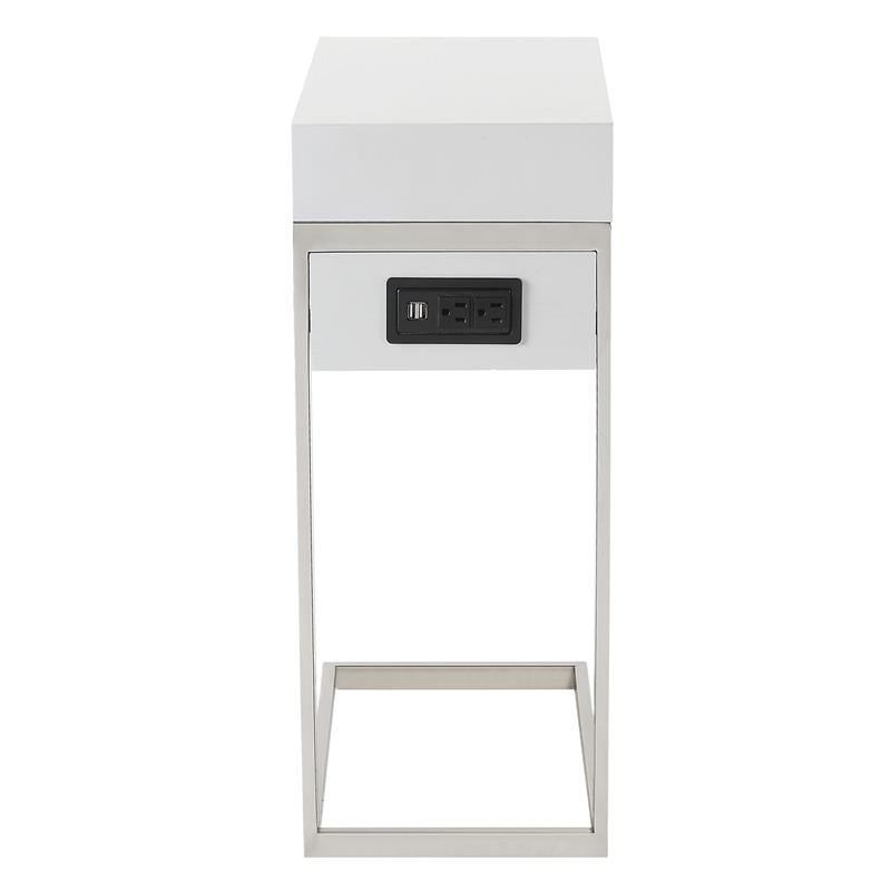 Phoenix End Tables White And Chrome 2 USB Charging Ports 2 Outlets Power Plug