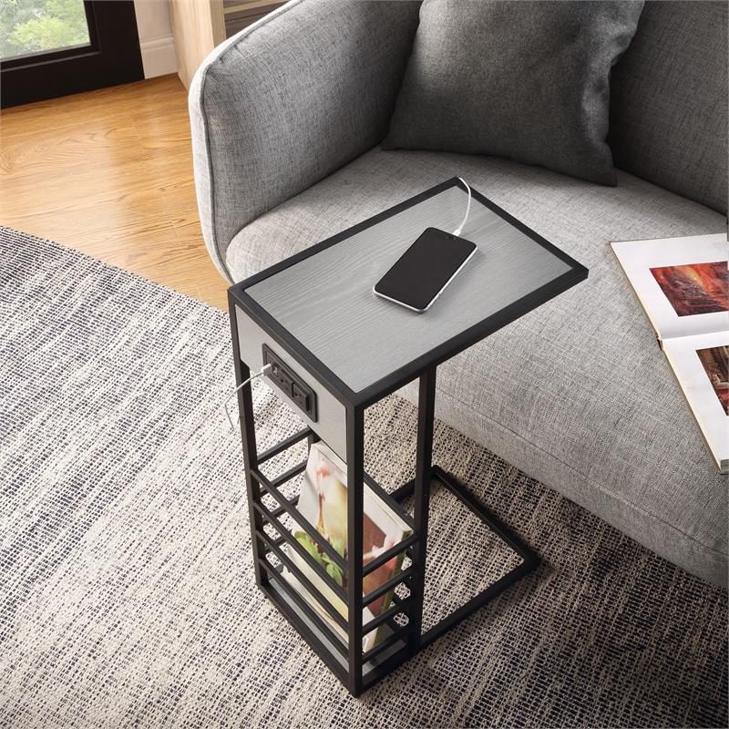 Arian End Tables Grey And Black Magazine Holder 2 USB Charging Ports