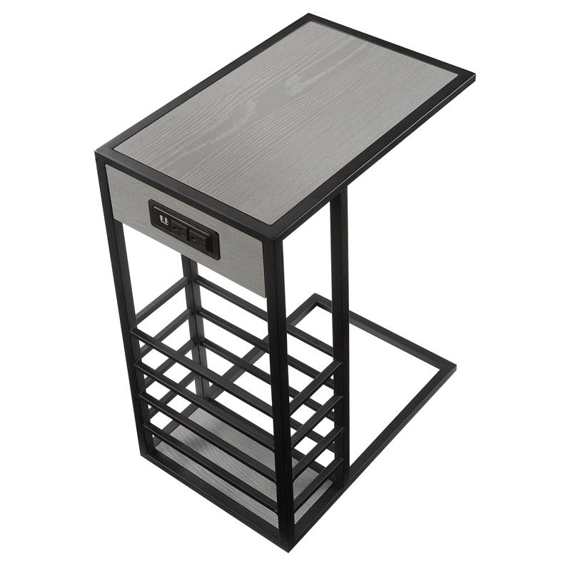 Arian End Tables Grey And Black Magazine Holder 2 USB Charging Ports
