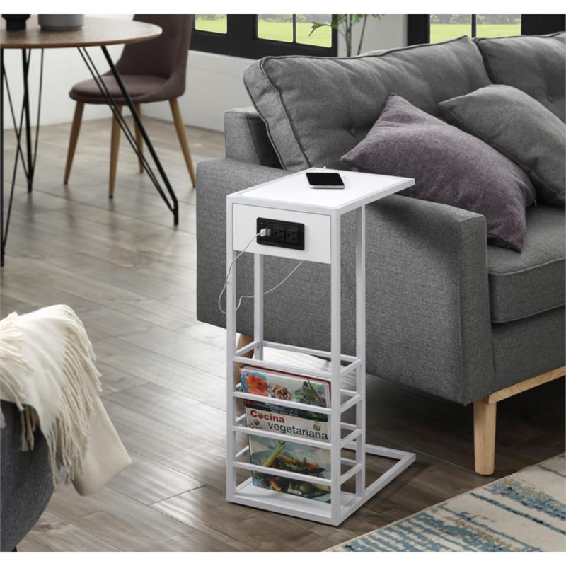 Arian End Tables White And White Magazine Holder 2 USB Charging Ports