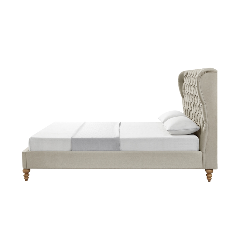 Aubriana Bed Yellow Beige Linen Queen Button Tufted Headboard Wingback