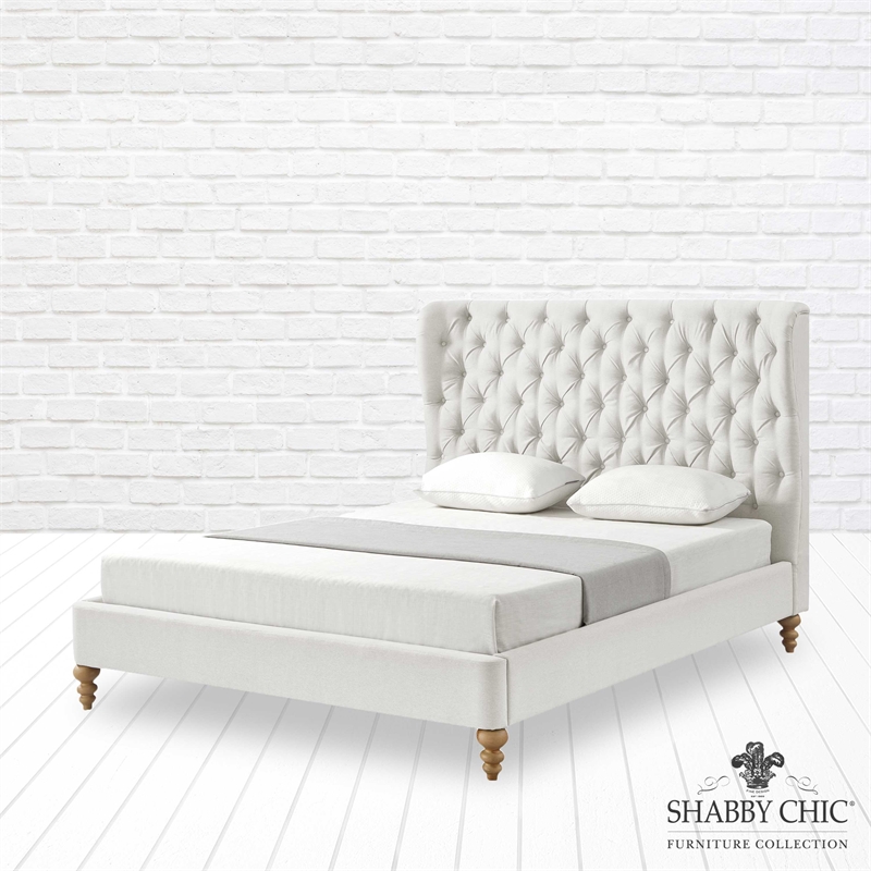 Aubriana Bed Cream White Linen Queen Button Tufted Headboard Wingback