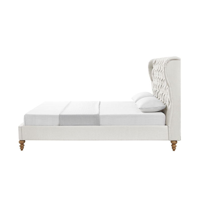 Aubriana Bed Cream White Linen Queen Button Tufted Headboard Wingback