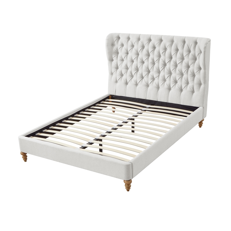 Aubriana Bed Cream White Linen Queen Button Tufted Headboard Wingback