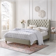 Aubriana Yellow wood Bed Beige Linen King Button Tufted Headboard Wingback