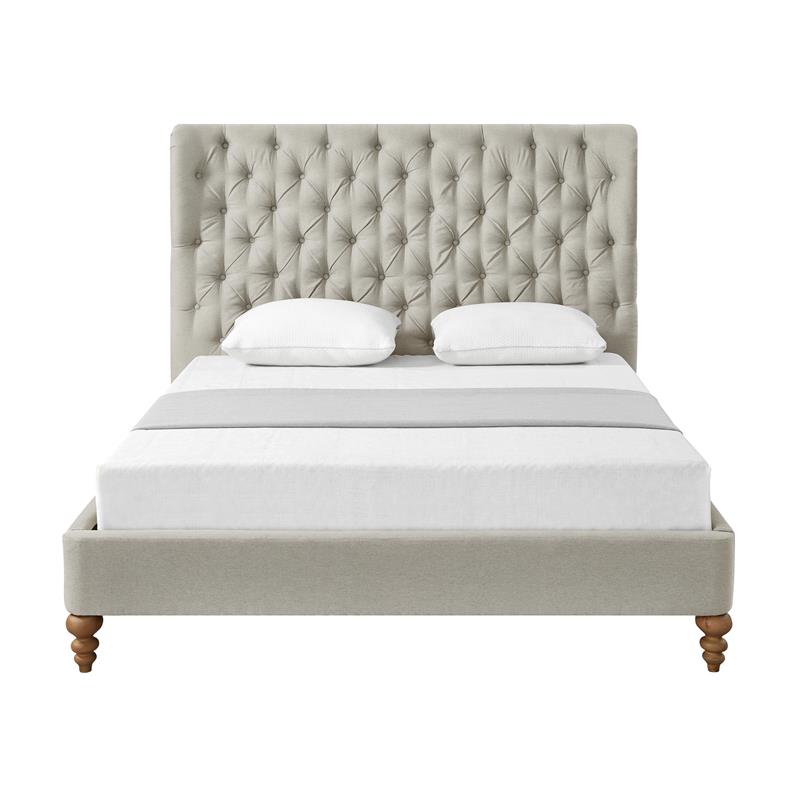Aubriana Yellow wood Bed Beige Linen King Button Tufted Headboard Wingback
