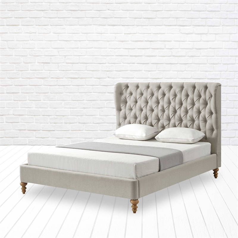 Aubriana Yellow wood Bed Beige Linen King Button Tufted Headboard Wingback