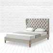 Aubriana Yellow wood Bed Beige Linen King Button Tufted Headboard Wingback