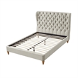 Aubriana Yellow wood Bed Beige Linen King Button Tufted Headboard Wingback