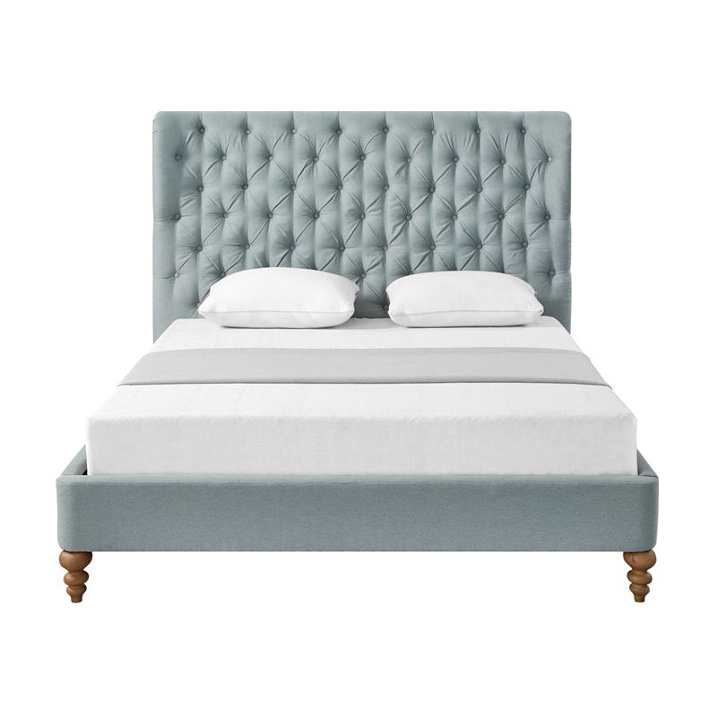 Aubriana Bed Sea Blue Linen Queen Button Tufted Headboard Wingback