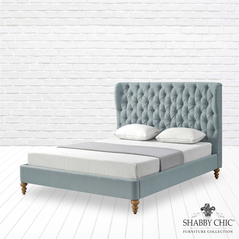 Aubriana Bed Sea Blue Linen Queen Button Tufted Headboard Wingback